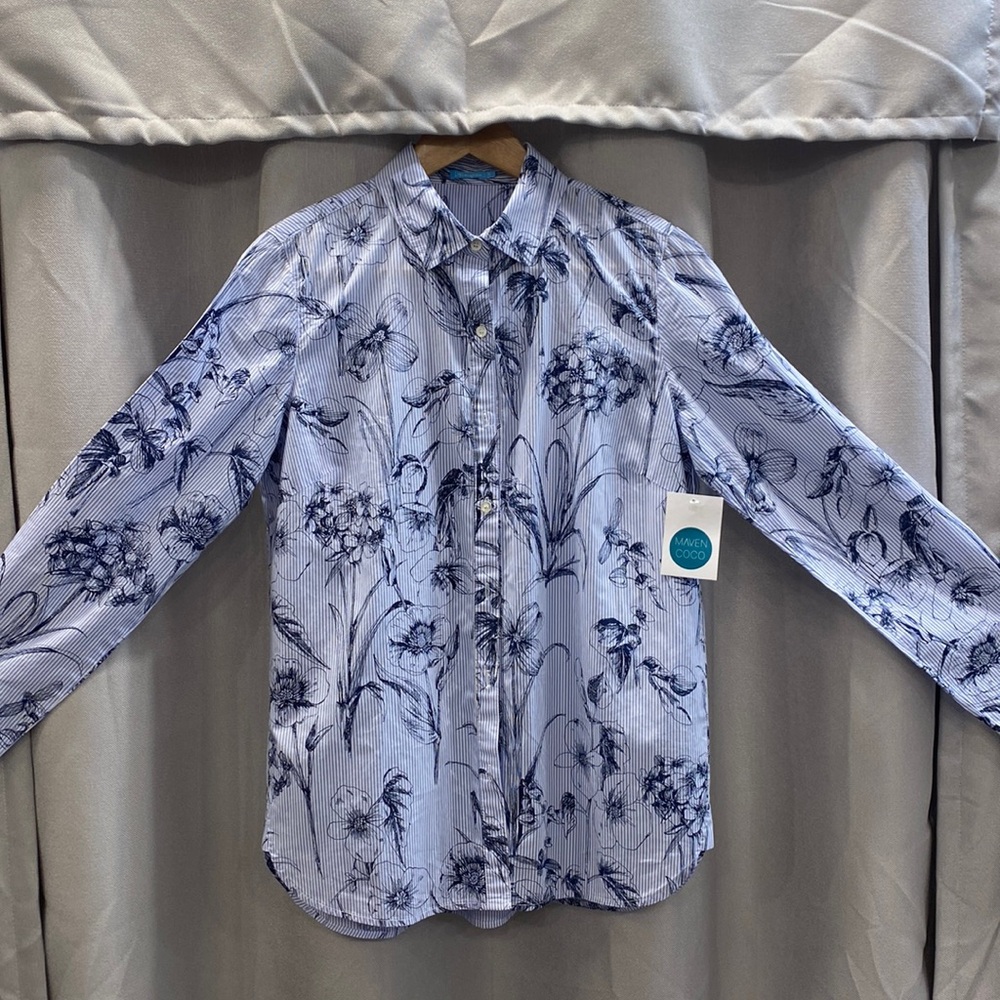 J McLaughlin floral pattern striped button up top